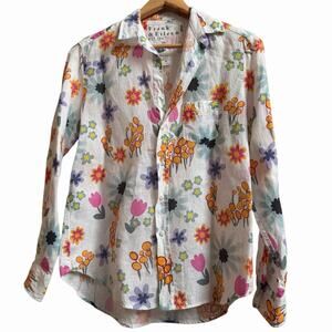 Frank & Eileen White 100% Linen Floral Button Down Shirt Size XXS